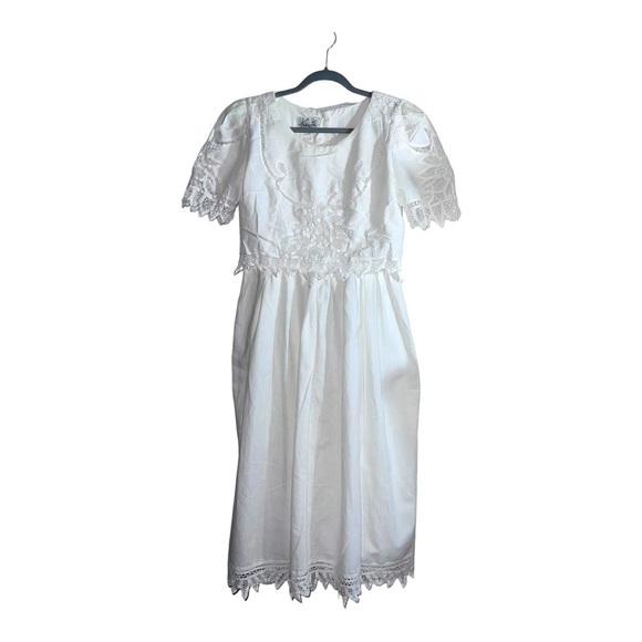 Vintage KATHIE LEE for Plaza South Embroidered Bib Collar White Blouson Dress - Picture 1 of 14